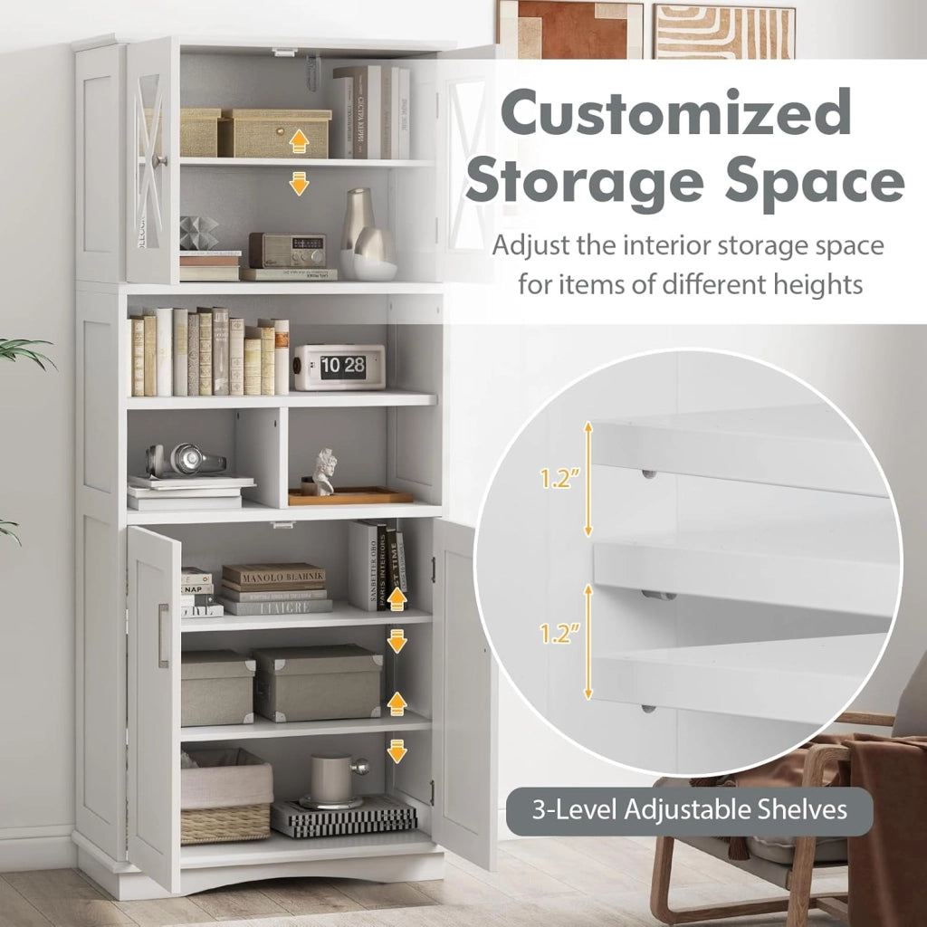 Armadietto da Bagno Slim con 4 Ante, Ripiano Regolabile e 3 Scomparti Aperti, Mobile Alto per Bagno e Soggiorno, Moderno，2 Colori