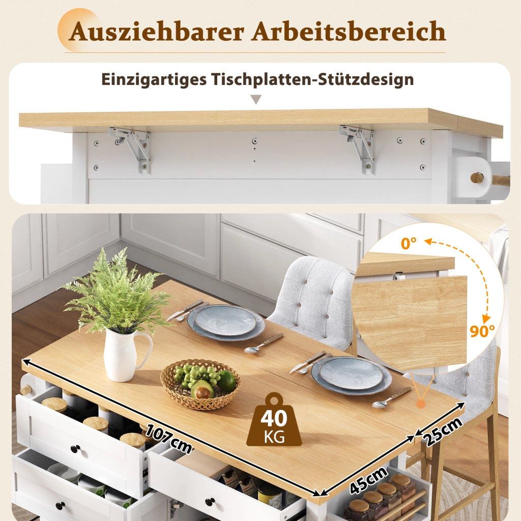 Carrello da cucina con 2 ante, cassetti multifunzione e piano estraibile, per cucina e sala da pranzo, in MDF, bianco, 107 × 45-70 × 90,5 cm