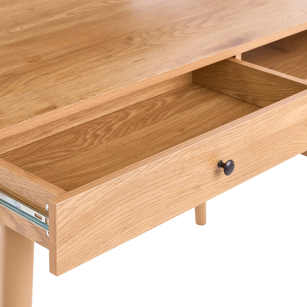 Scrivania da casa in MDF marrone chiaro 120 x 60 cm, con cassetti e intreccio viennese, gambe in legno, design scandinavo