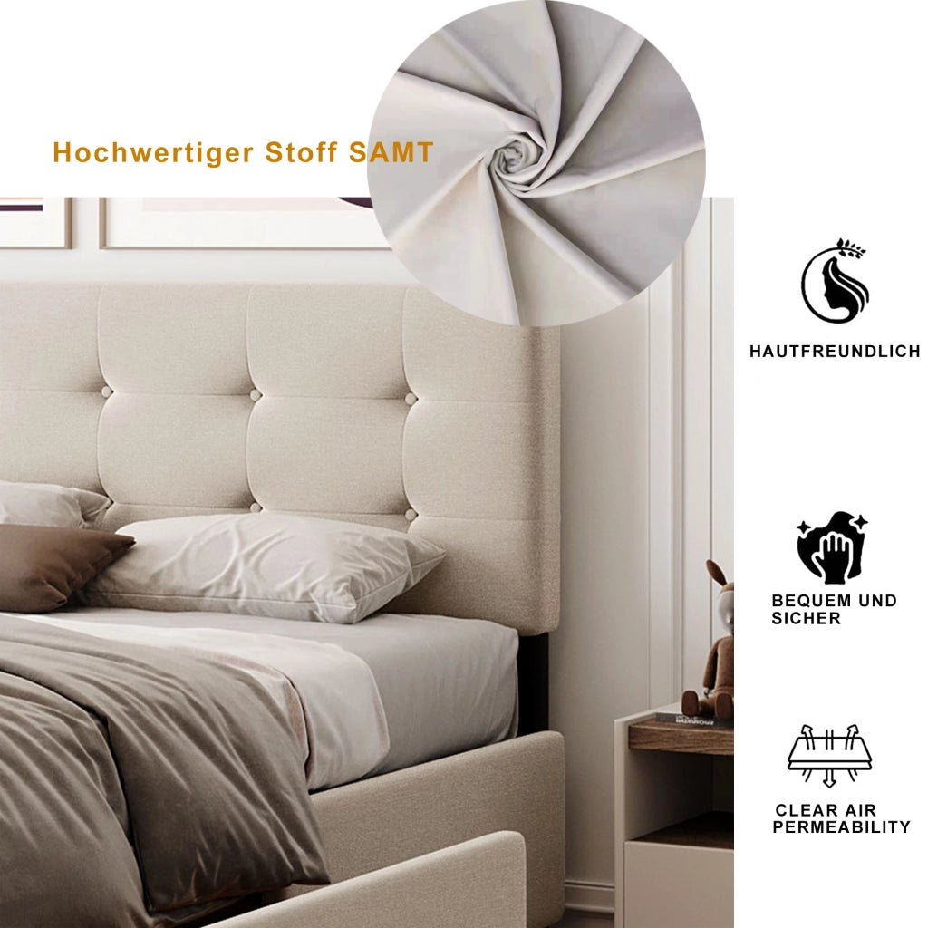 OKWISH Letto con Cassetti 140×200 cm, Letto Matrimoniale con 4 Cassetti e Testiera Imbottita, senza Materasso, Beige