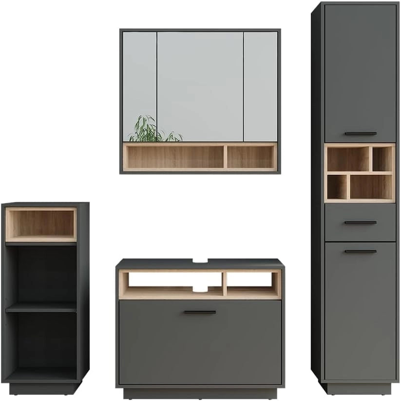 Set di mobili da bagno Beatrice, Rovere artigianale/antracite, 80 cm, composto da mobile lavabo, pensile a specchio, colonna e base media