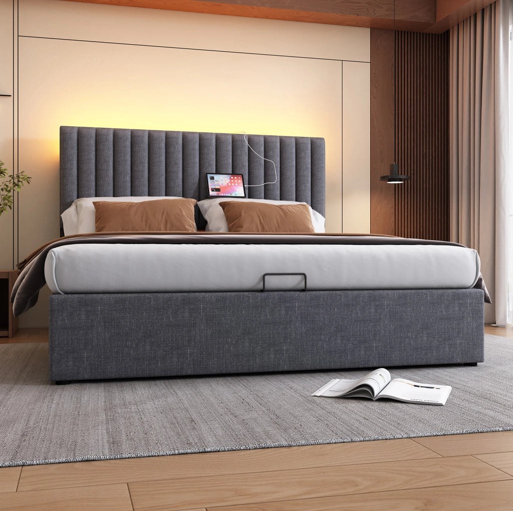 Letto matrimoniale 160x200 cm con LED, USB-C e contenitore