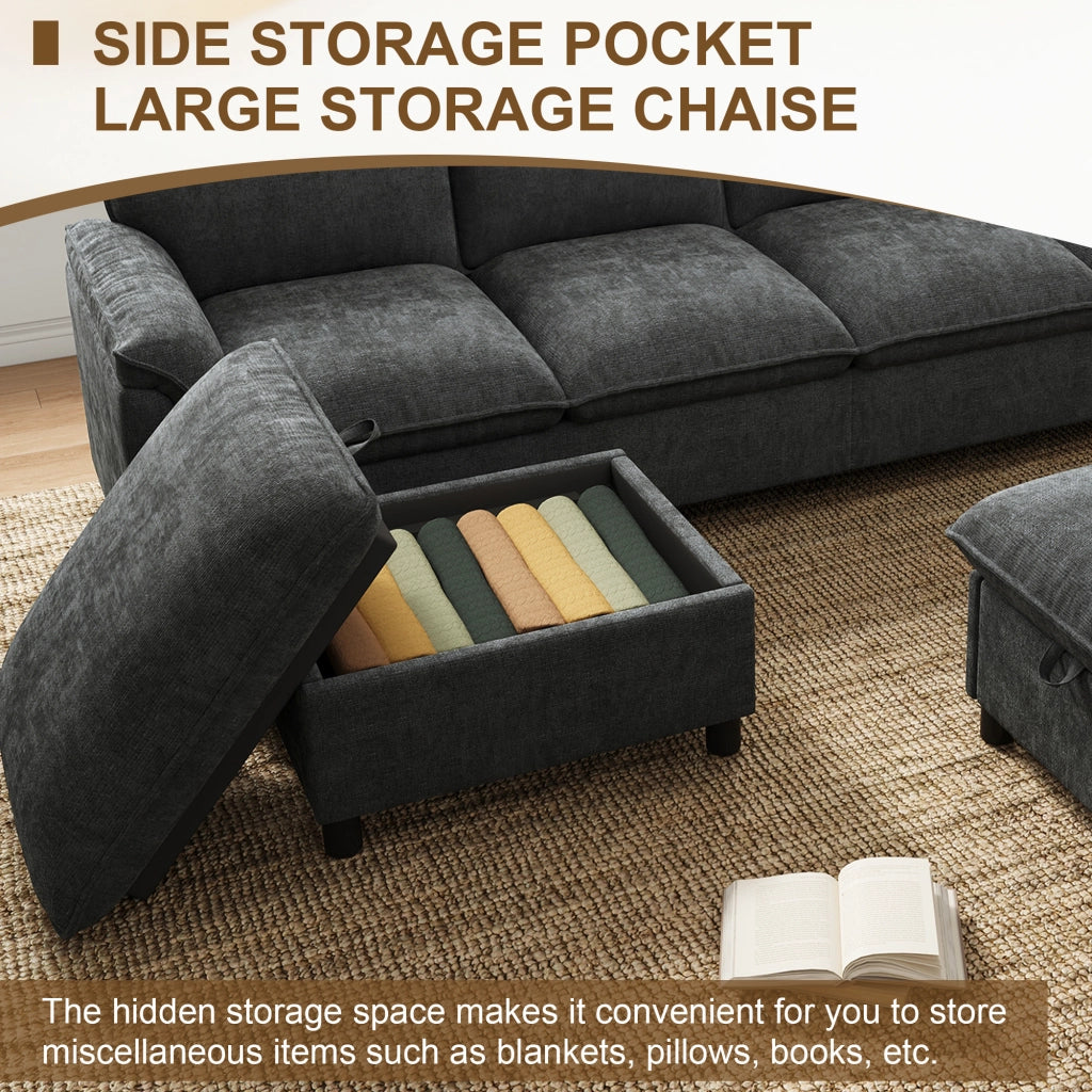 Divano panoramico a U modulare con seduta profonda e 2 pouf mobili con schienale alto e contenitore in chenille nero