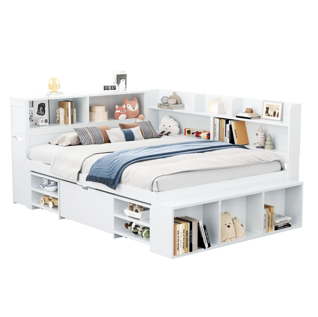 Letto singolo per bambini 140x190 cm con cassetti e vani portaoggetti; in compensato bianco
