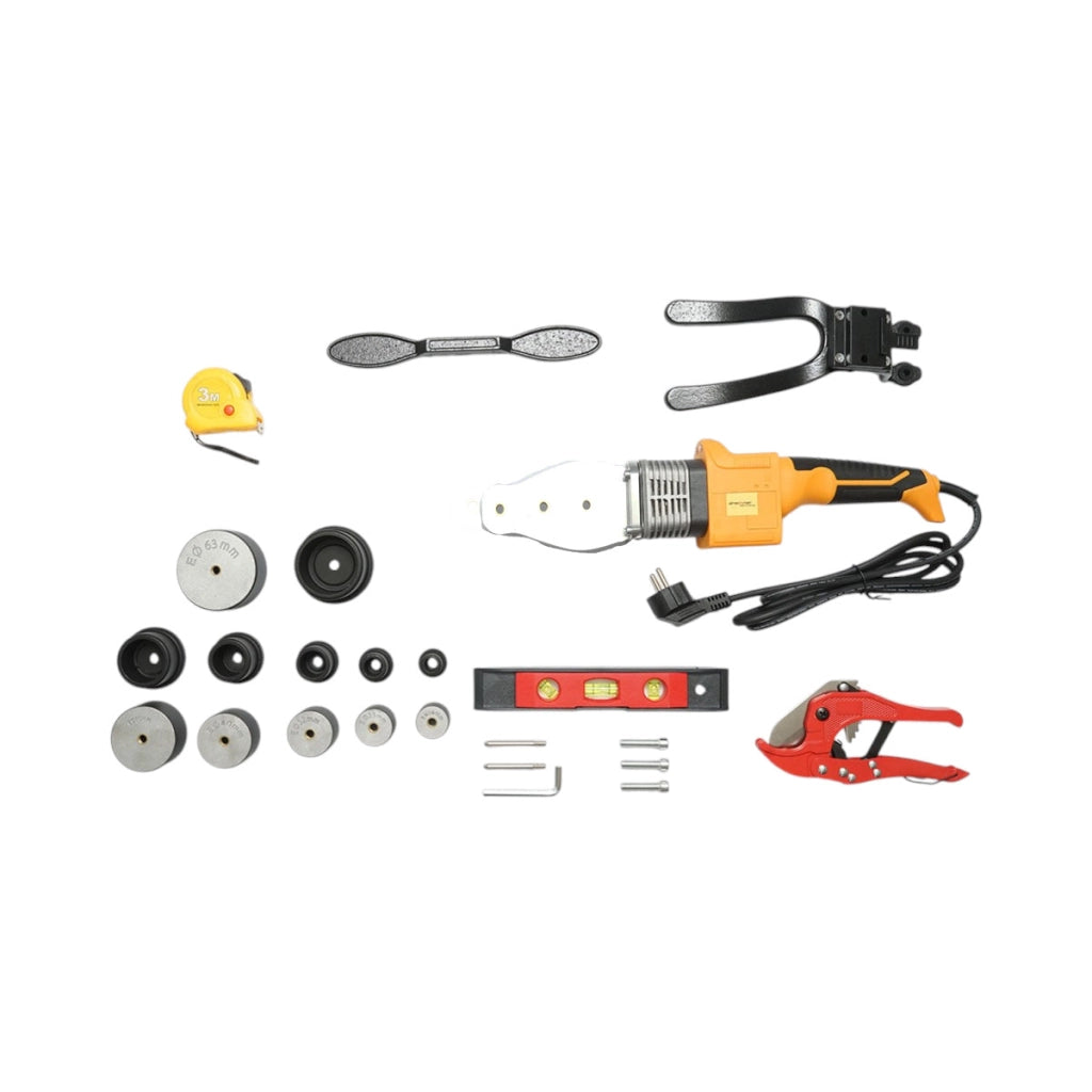 Kit saldatrice per tubi in PPR da 800W con display digitale 0-300°C, 6 ganasce 20-63mm, 3 livelle a bolla, metro a nastro, pinze da taglio. Breckner Germany