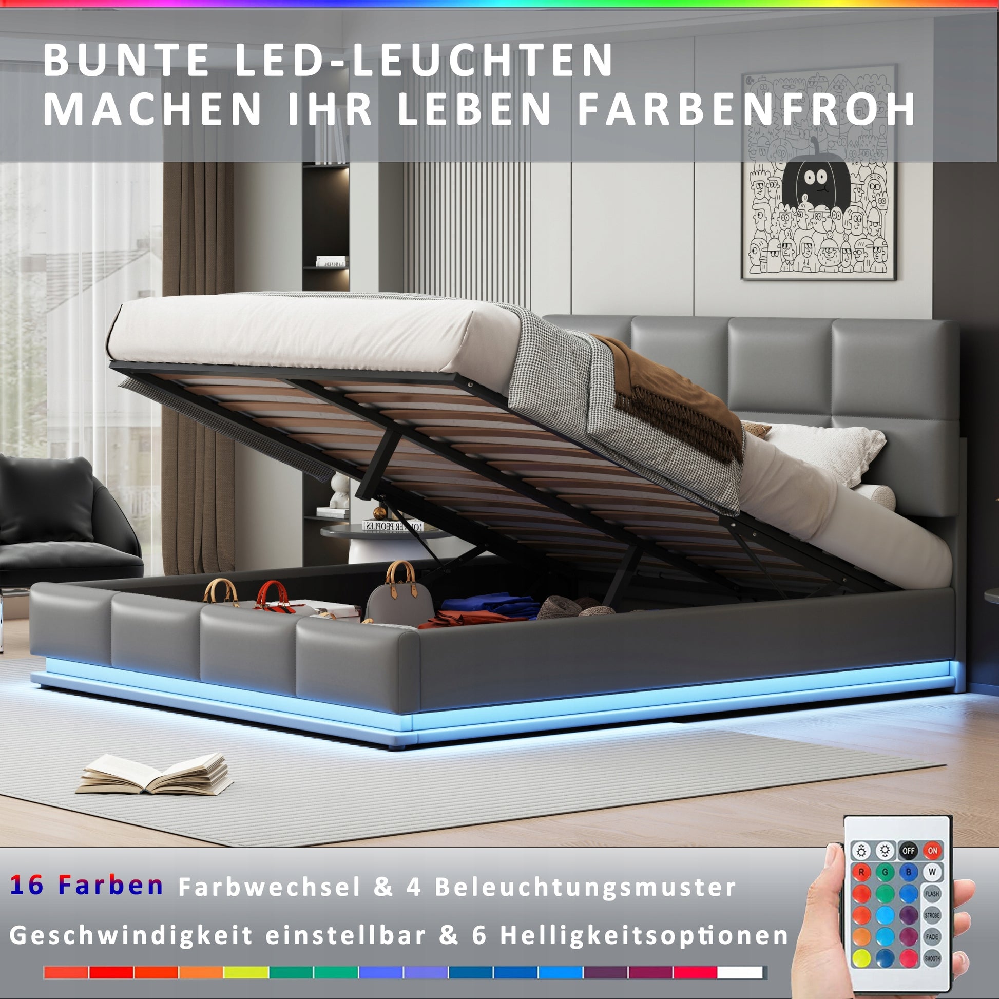 Letto imbottito 180x200 LED - Xylo - Idraulico, colore grigio chiaro