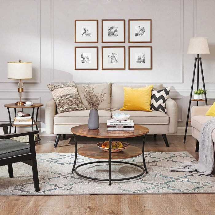 Tavolino da caffè rotondo Valora in stile loft rustico marrone con ripiano