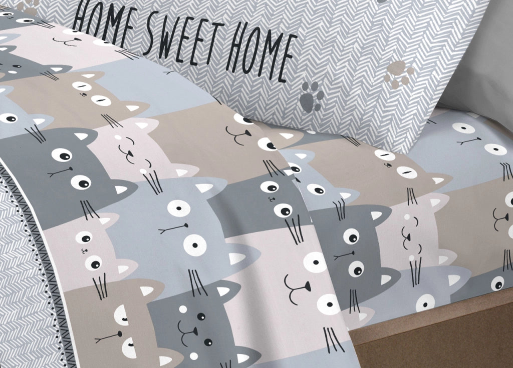 Completo Lenzuola Letto Pensieri Delicati 100% Cotone Disegno Happy Cat - Piazza E Mezza - Grigio