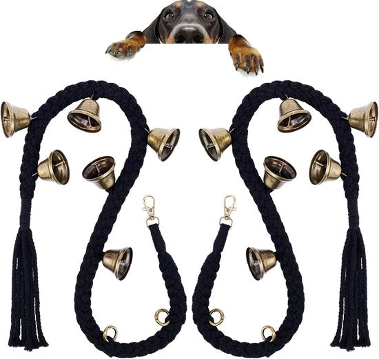 Sistema di allarme per cani - 2 pezzi - Incluso 6 campane - 75~78 cm - Per la formazione della pulizia - Manuale - Facile da utilizzare per la formazione dei cani - Regolabile - Allarme da appendere - Adatto per cani piccoli, medi e grandi - Nero