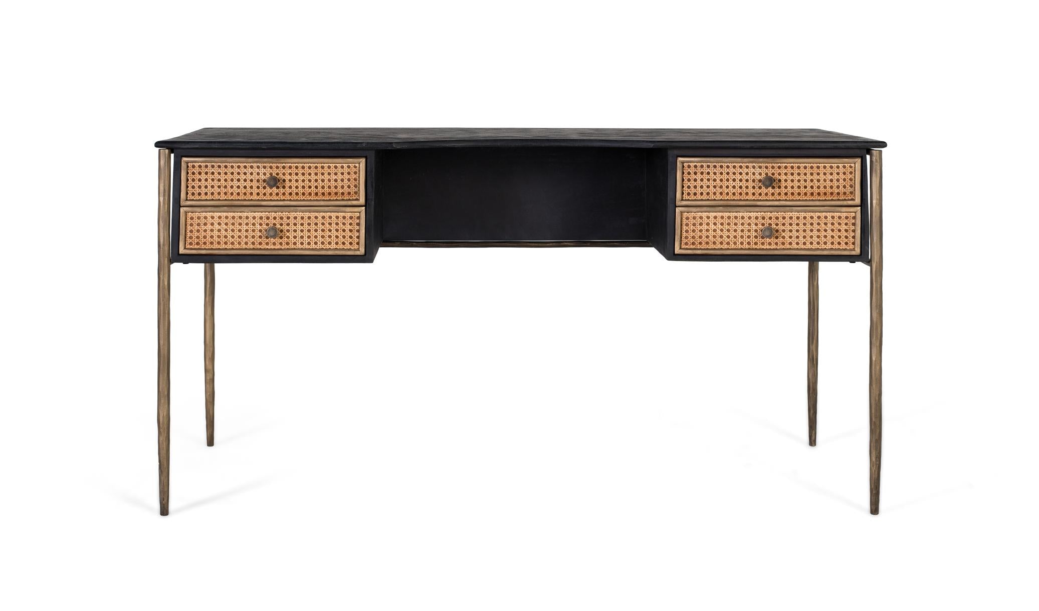 Scrivania in legno di mango con cassetti a doghe e gambe in bronzo