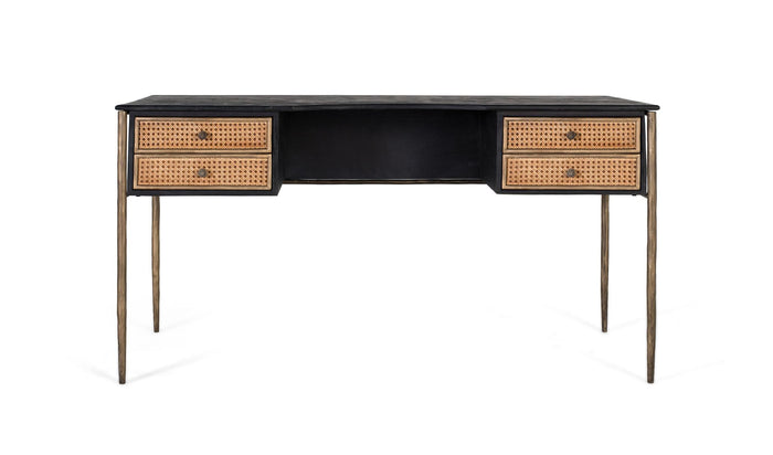 Scrivania in legno di mango con cassetti a doghe e gambe in bronzo