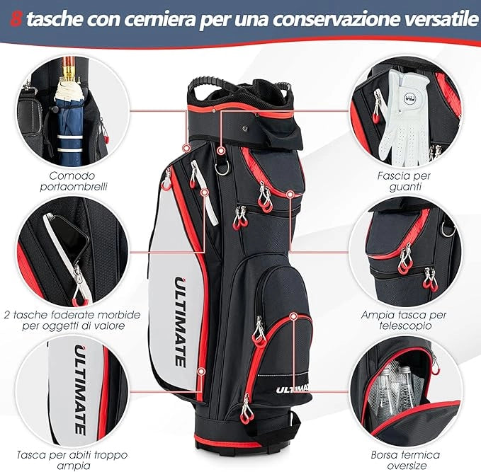 Borsa da Golf Leggera e di Grande Capacità, Sacca da Golf con 14 Divisori, 8 Tasche, Cappuccio Antipioggia, Tracolla, Borsa Termica per Bevande, Ideale per Uomini e Donne (Nero)