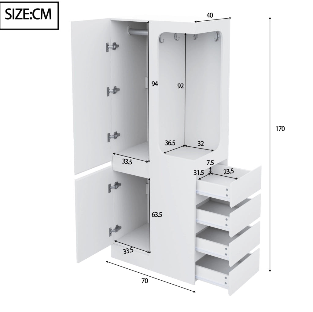 Armadio con 1 porta; 4 cassetti e vano appendiabiti 70x40x170 cm; bianco in legno