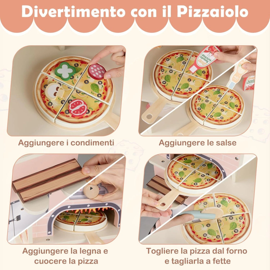 Carrello Pizza Giocattolo per Bambini, Carrello Gelato in Legno con Ruote, Distributore Automatico, Espositore e 41 Accessori, Centro Attività Montessori per Bambini 3+ Anni, 81 x 33 x 88 cm