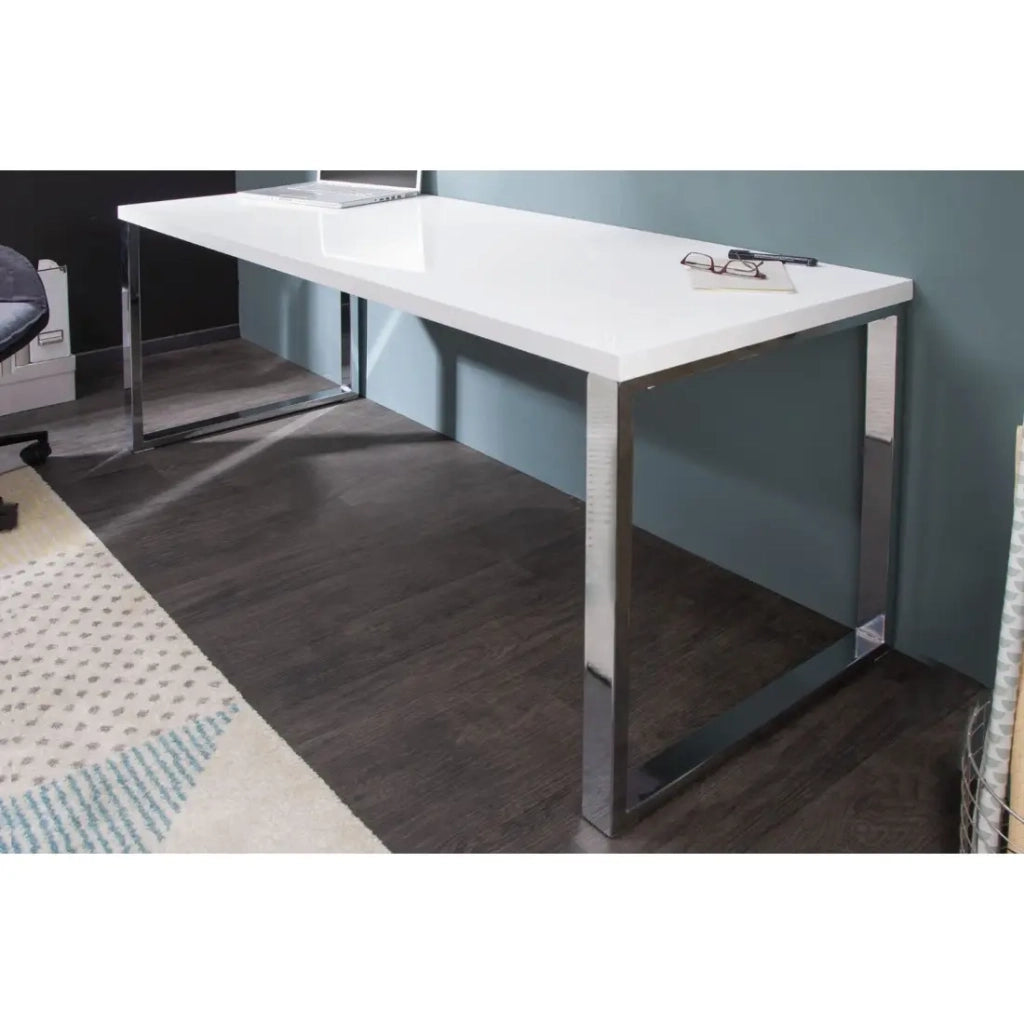 Scrivania design MONZA 160x60 cm bianco lucido con piedi cromati argentati