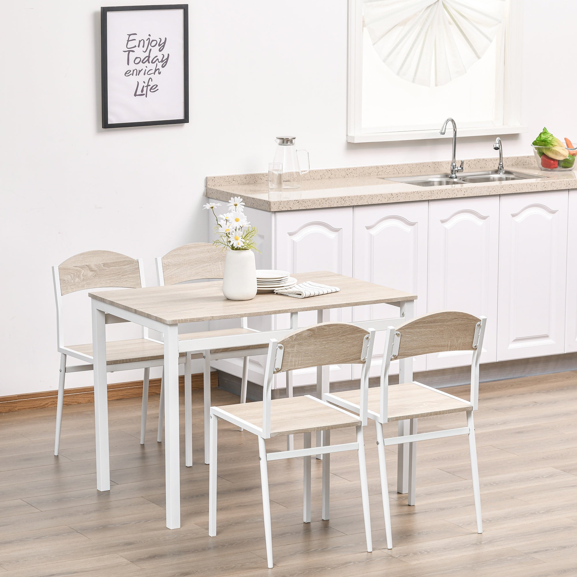 Set da Pranzo Tavolo e 4 Sedie in Metallo e MDF Bianco e Legno