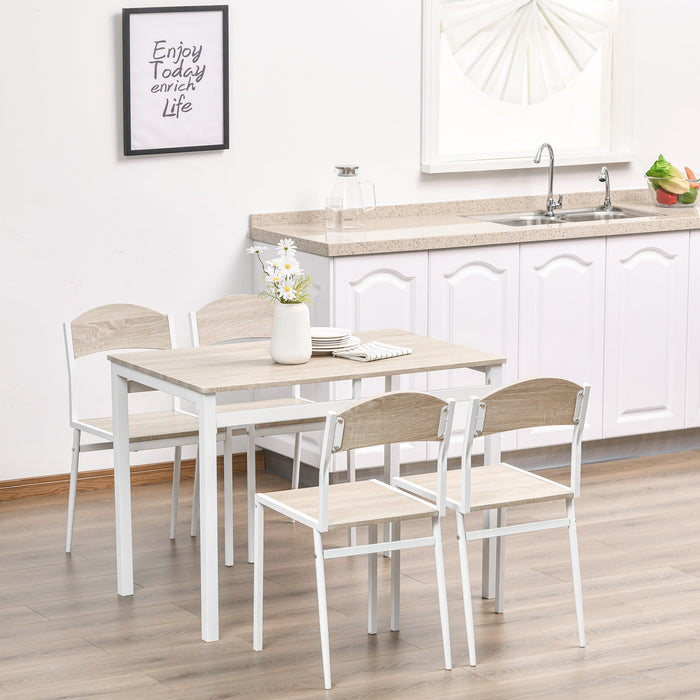 Set da Pranzo Tavolo e 4 Sedie in Metallo e MDF Bianco e Legno