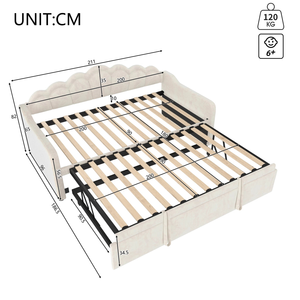 Letto estraibile singolo 90×200 cm e 180×200 cm con LED regolabile; senza materasso; velluto; beige