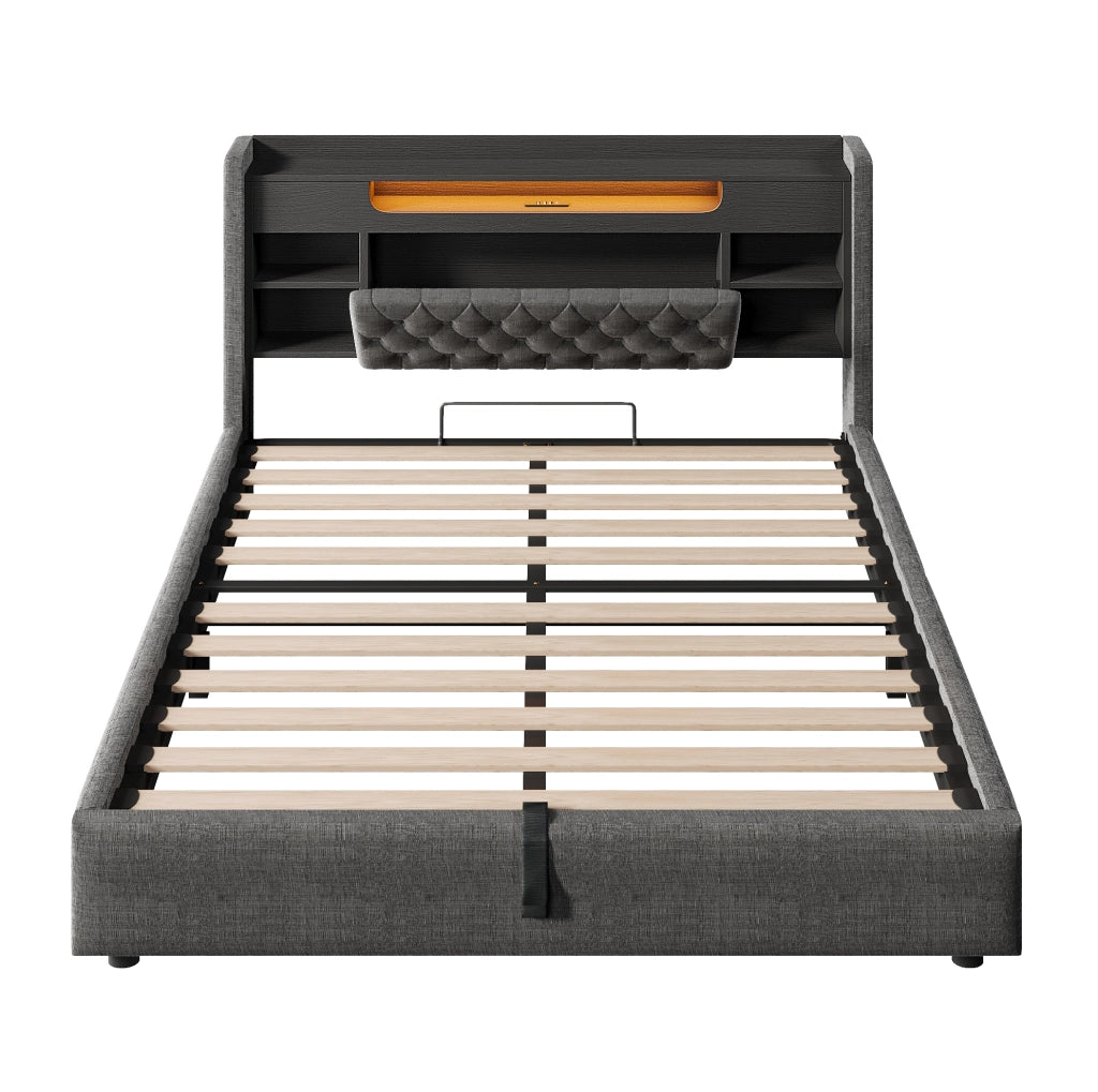 Letto matrimoniale 140x190 cm in tessuto effetto lino grigio con contenitore; LED e porte USB