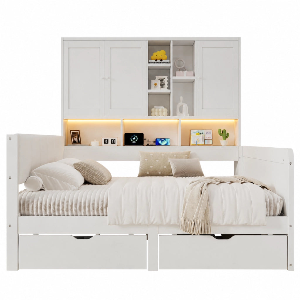 Letto Contenitore 140x200 cm con LED; Cassetti; Presa; Tipo C; Bianco
