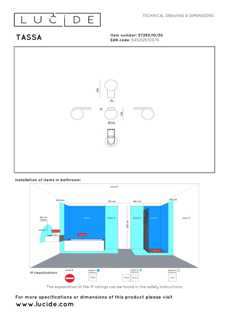 Applique bagno LED 10W vetro nero TASSA Lucide IP44