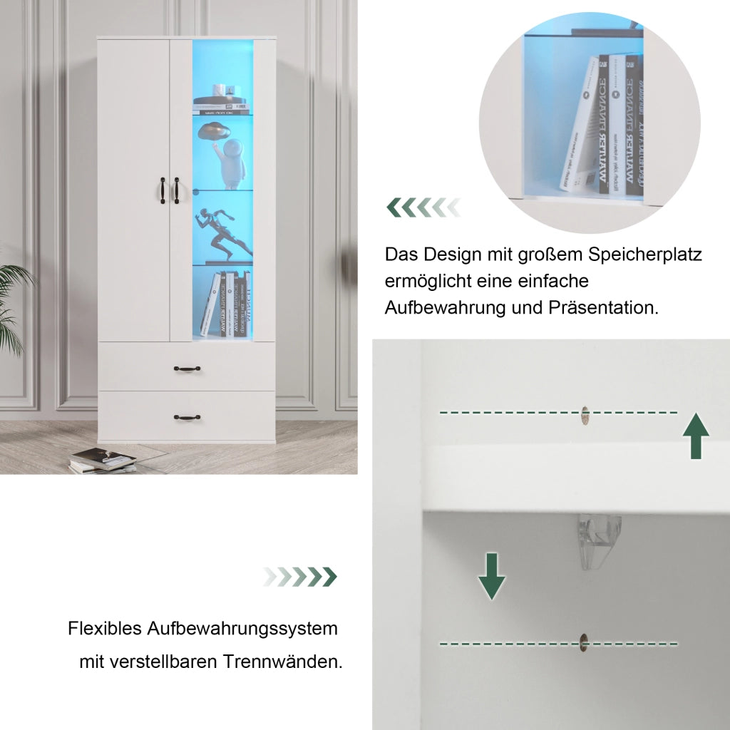 Vetrina con LED e 2 ante, 5 vani e ripiani in vetro, per soggiorno, in legno truciolare, bianca, 59,5 × 35 × 182 cm