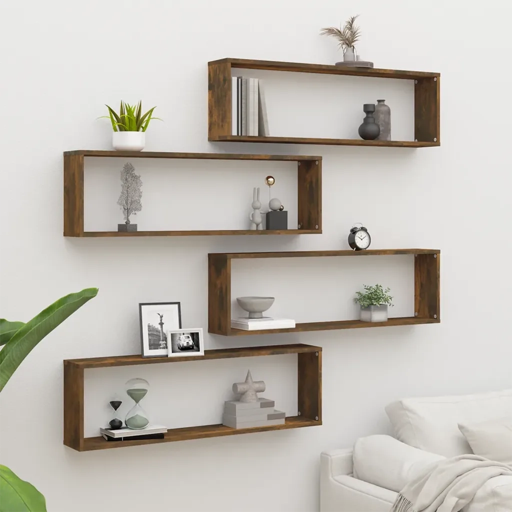 4 pz Mensole Parete | Mensola sospesa Cubo Rovere Fumo 100x15x30 Legno Multistrato