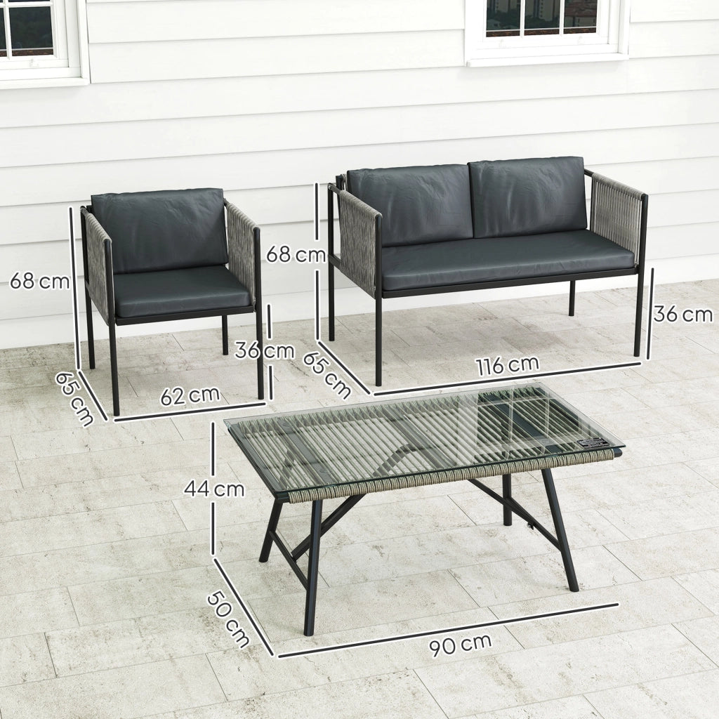 Set salotto da giardino ¨C zephmum ¨C 1 divano, 2 poltrone, tavolino con vetro, grigio