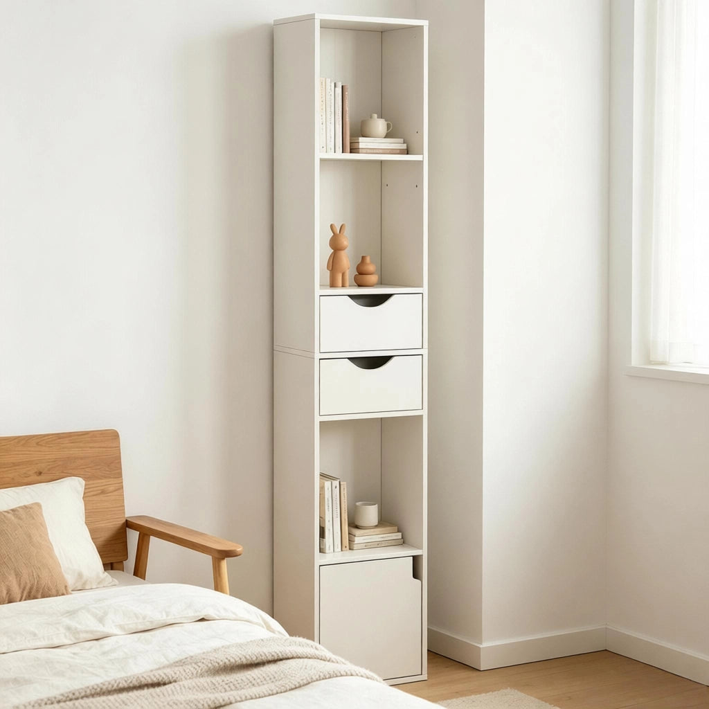 Libreria con 3 vani aperti, 2 cassetti e 1 anta, ripiani regolabili, per soggiorno e ufficio, bianco, 30 × 157,5 × 24 cm