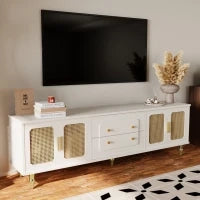 Mobiletto Porta TV in Stile Retro con Maniglie Dorate, Porte in Rattan e Gambe in Metallo, Ampio Spazio di Stoccaggio, 175x38x55,5 cm, Bianco