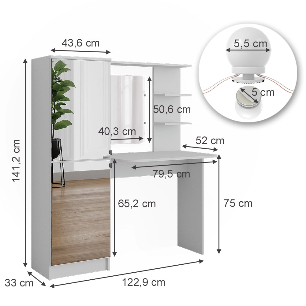 Vicco Tavolo da toilette Bianco 123 x 141.2 cm con illuminazione a LED