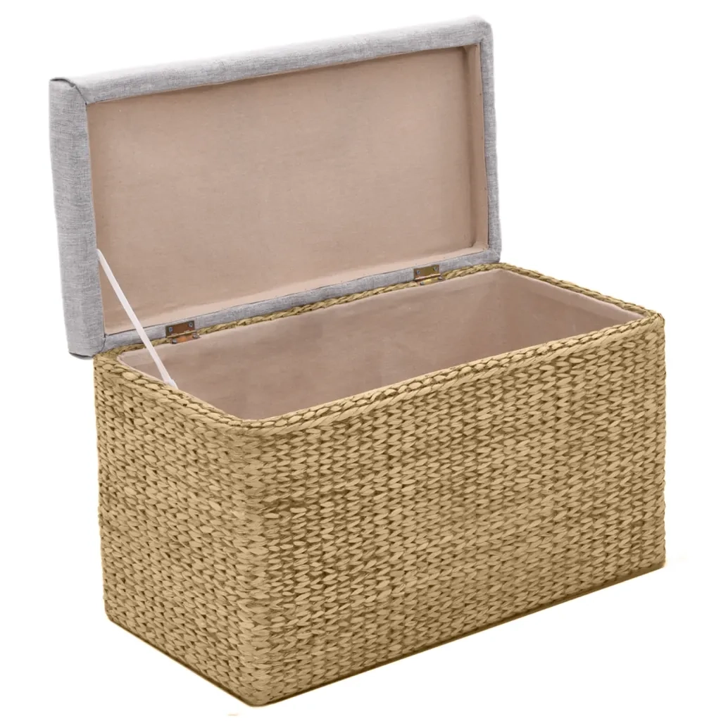 Panca e 2 Pouf-Sgabello-Panca con Contenitore in Giunco Grigio