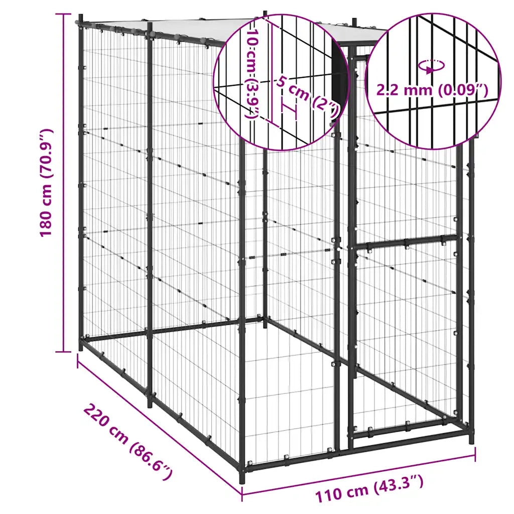 Gabbia per Cani da Esterno in Acciaio con Tetto 110x220x180 cm 150795