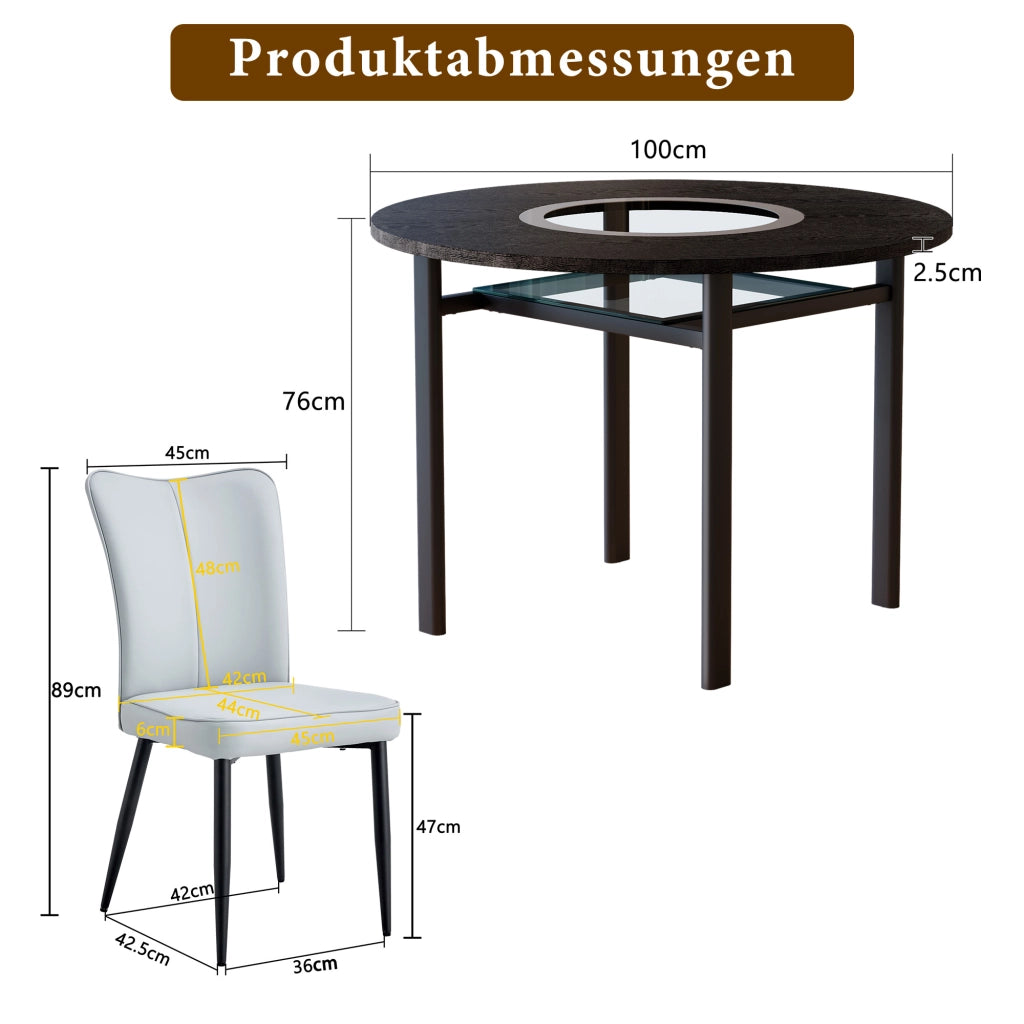 Tavolo da pranzo rotondo per 4 persone con piano in MDF effetto legno nero, inserto in vetro e 4 sedie grigie