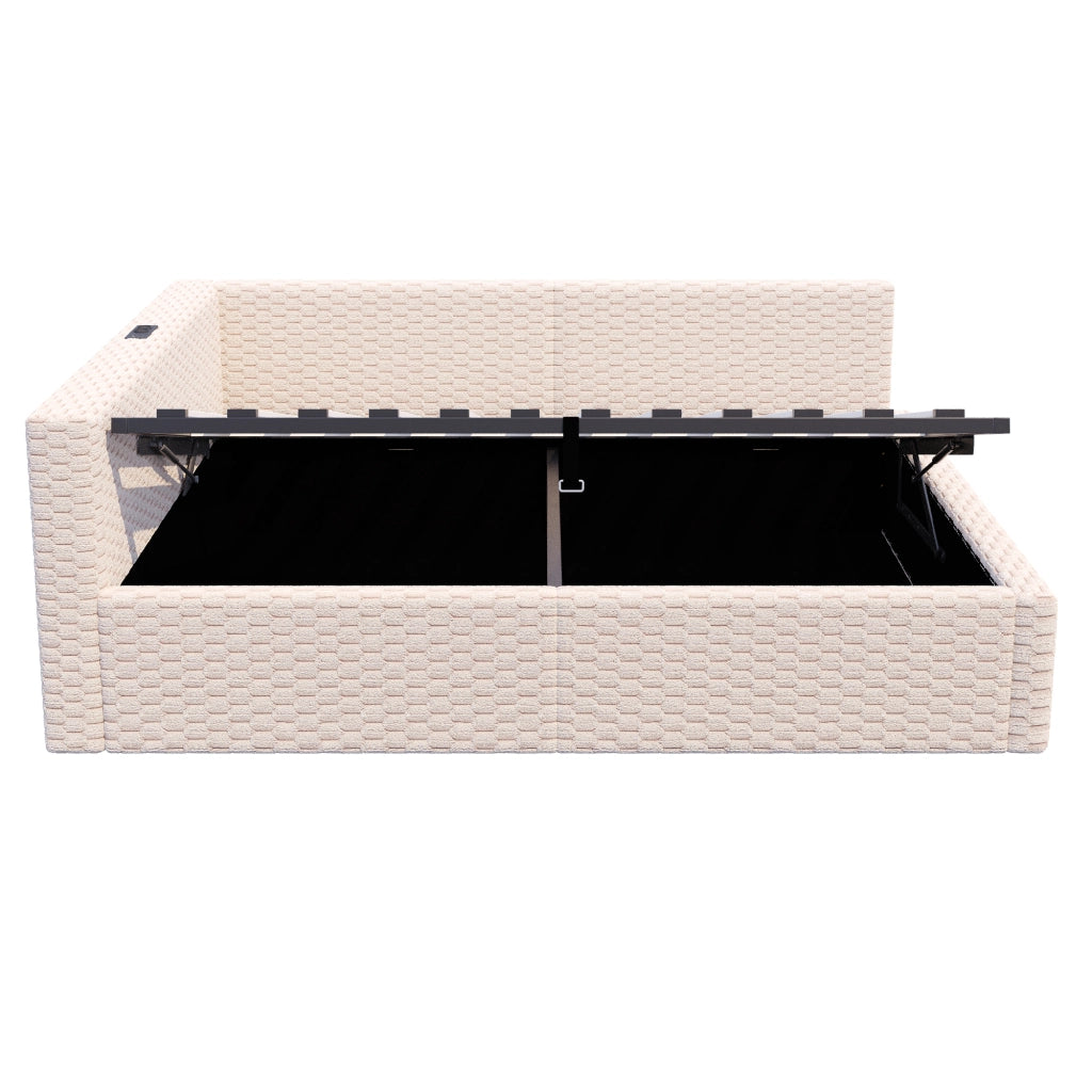 Letto contenitore matrimoniale 140×200 cm con LED; USB e Type-C; velluto beige; senza materasso