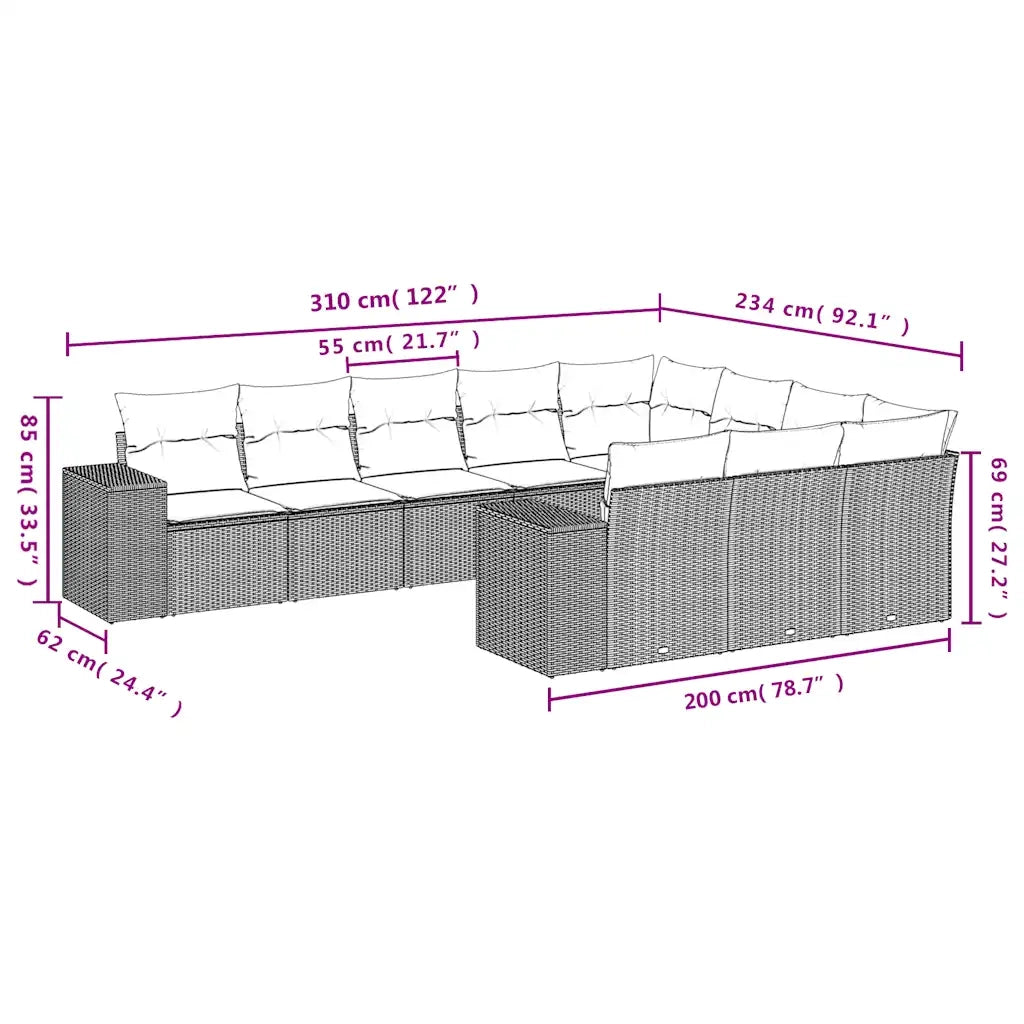 Set Divani da Giardino 10 pz con Cuscini Nero in Polyrattan 3223086