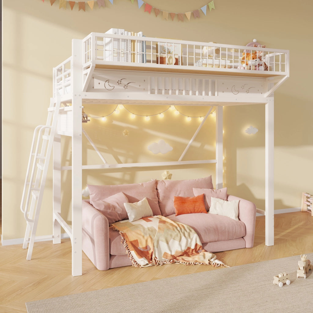 Letto a soppalco 90x200 cm in metallo bianco con vani contenitore e scala reversibile