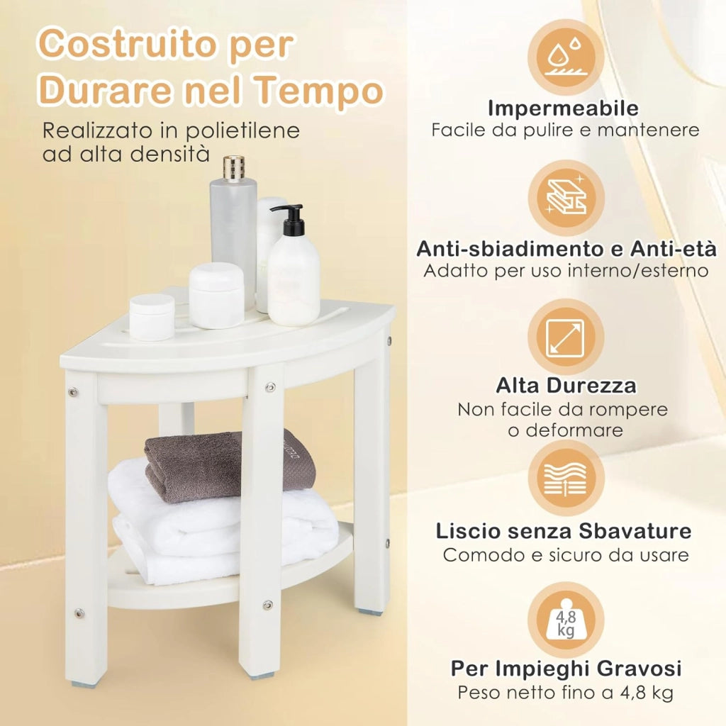 Sgabello Doccia, Sedia da Bagno Angolare in Polietilene con Ripiano, Sedile Multiuso a 2 Livelli per Uso Interno o Esterno, 32,5x32,5x43,5 cm, Capacità di Peso 150 kg (Bianco)