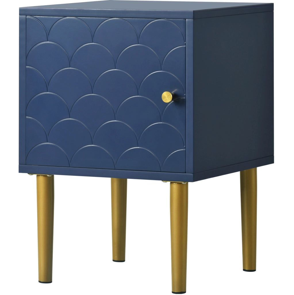 Comodino moderno con anta e motivo a scaglie; 35x35x51 cm; blu navy in legno e metallo