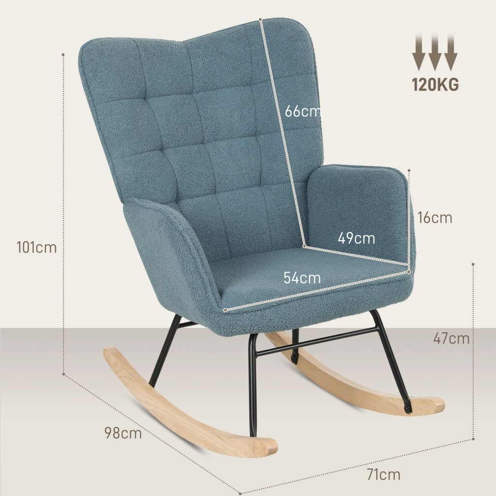 Sedia a dondolo relax con schienale alto braccioli e base in legno per soggiorno e camera da letto in poliestere azzurro