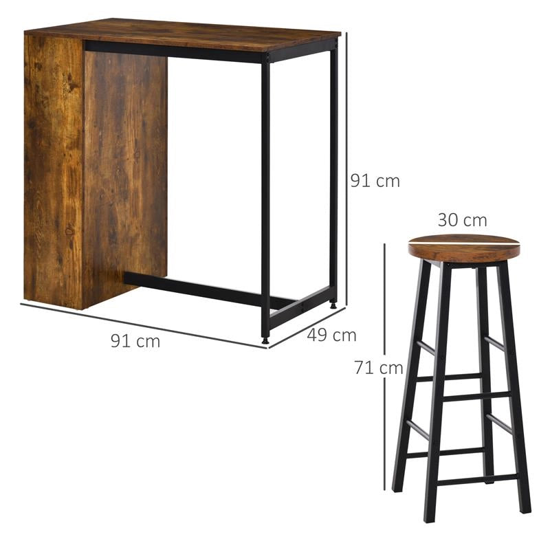 SET DA PRANZO CON BANCONE BAR CON 3 RIPIANI E 2 SGABELLI ALTI CON POGGIAPIEDI STILE INDUSTRIALE, MARRONE
