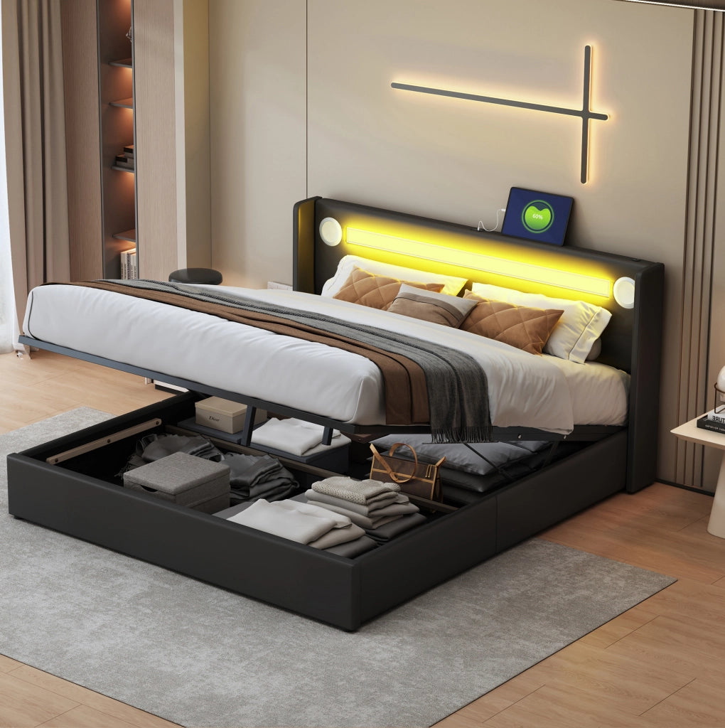 Letto Matrimoniale 160x200 con LED, Bluetooth, USB e Contenitore in PU Pelle Nero
