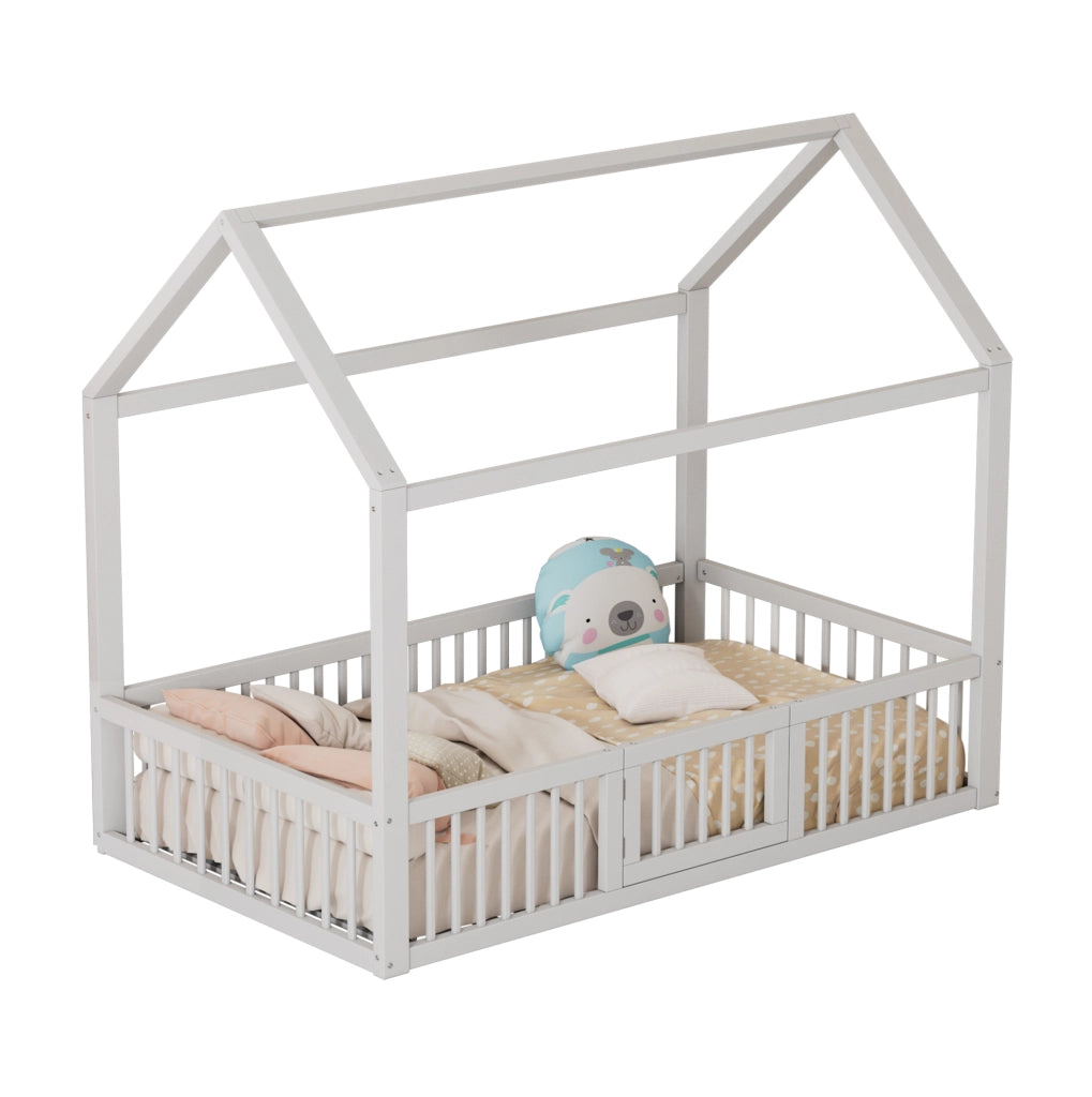 Letto a casetta 90x200 cm; sponde di sicurezza e porta apribile; pino bianco