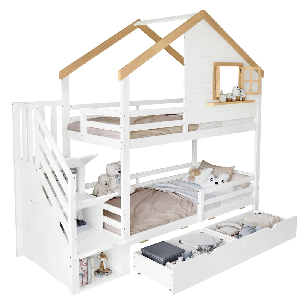 Letto a castello in legno con scale contenitore e cassetti