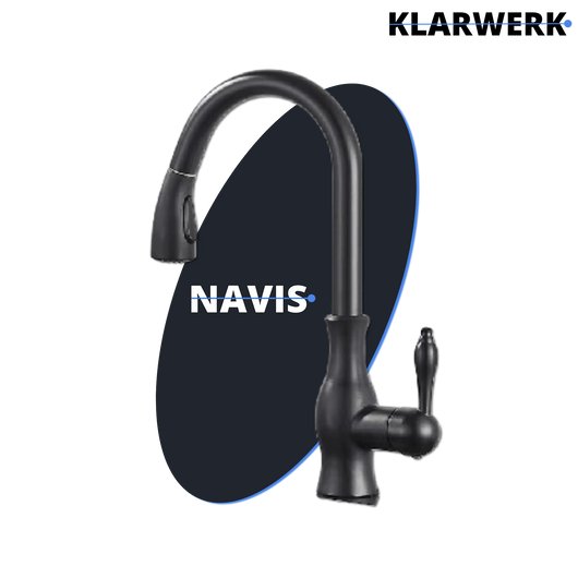 NAVIS | Elegante rubinetto cucina estraibile in acciaio inox nero, arco alto, miscelatore di lusso, alta pressione, 360°, 2 attacchi
