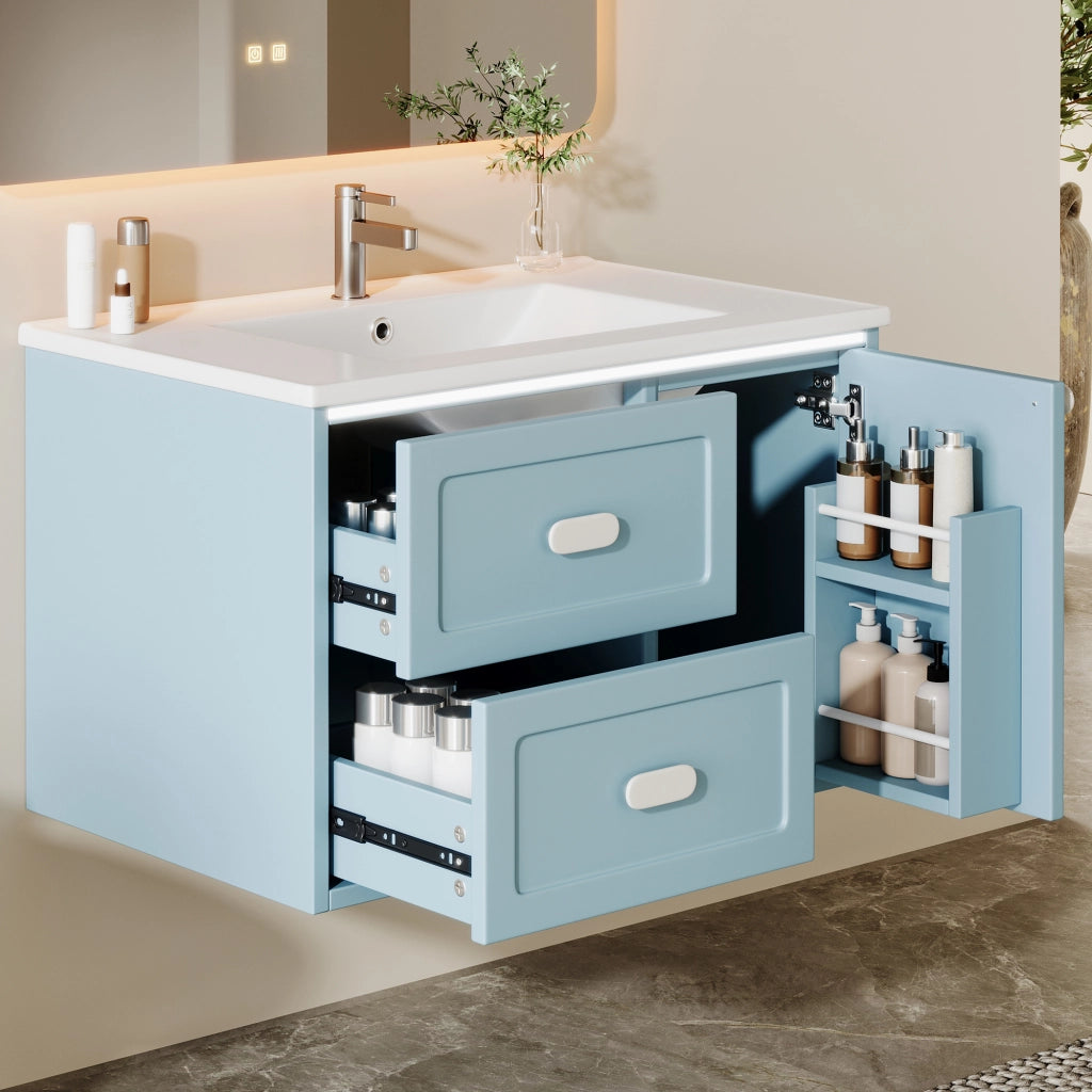 Mobile sottolavabo sospeso con 2 cassetti; illuminazione LED con sensore radar e lavabo in ceramica; per bagno blu
