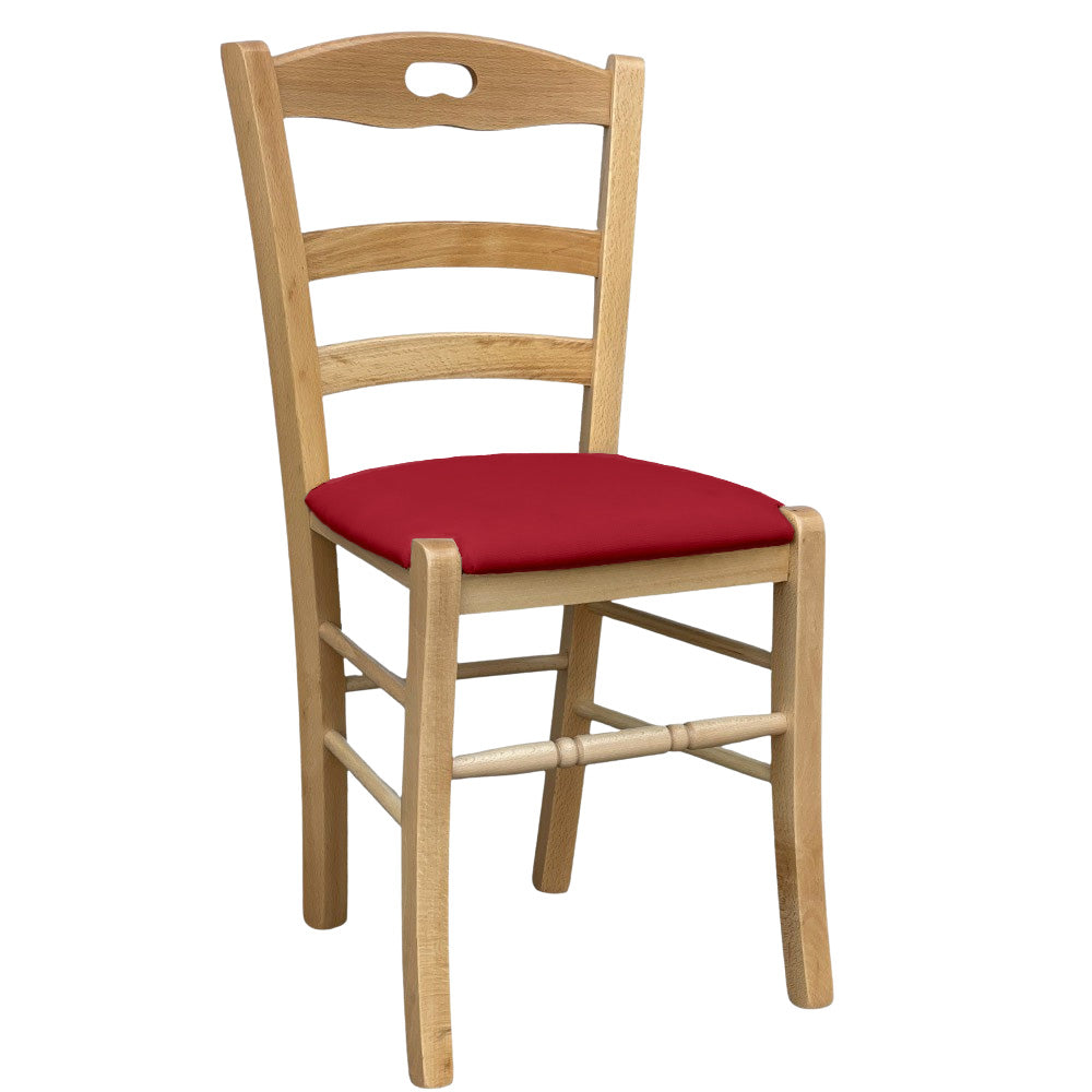 Sedia legno Loris naturale con seduta imbottita ecopelle rosso
