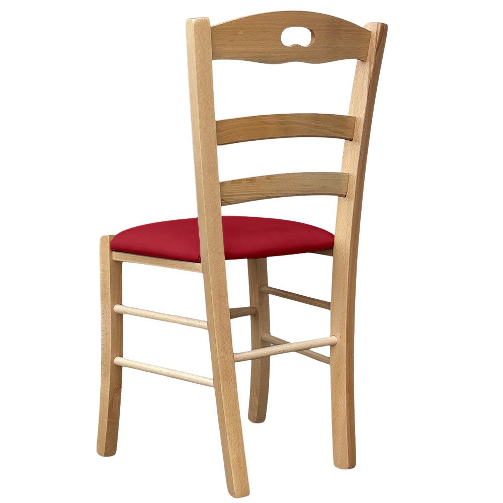 Sedia legno Loris naturale con seduta imbottita ecopelle rosso