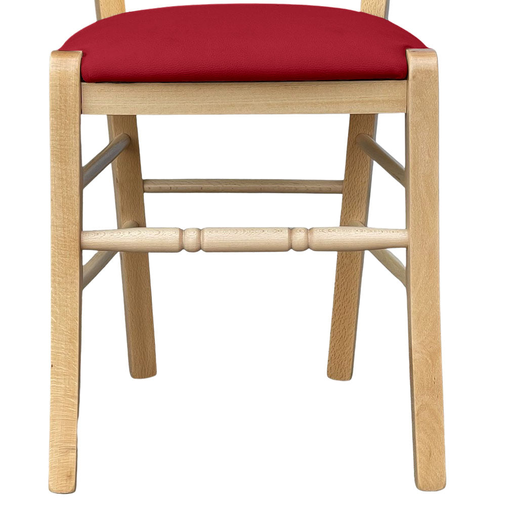 Sedia legno Loris naturale con seduta imbottita ecopelle rosso