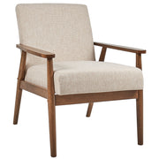 Poltrona da salotto con rivestimento in tessuto beige con struttura in legno stile retrò